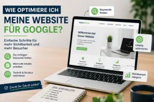 Laptop mit Website-Ansicht und SEO-Elementen zur Optimierung einer Website für Google, inklusive Keywords, Inhalte und Sichtbarkeit steigern